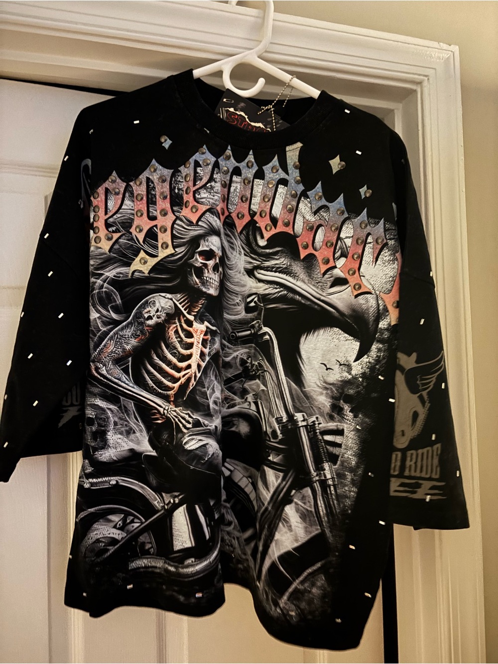 Black Gothic Skeleton Biker Graphic Tee - Multicolor Print